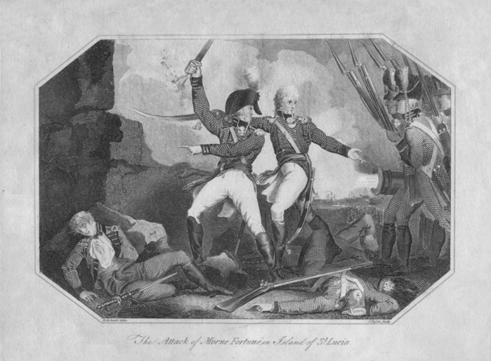  The Attack of Morne Fortune in Island of St. Lucia , 1804.  Creator: J Taylor.  The Attack of Morne Fortune in Island of St. Lucia , 1804. Mont Fortune was a fort on Saint Lucia, first captured by the British in 1794. It was recaptured by the French the following year, and was captured again by the British in 1796.  J. Stratford, London, 1804 