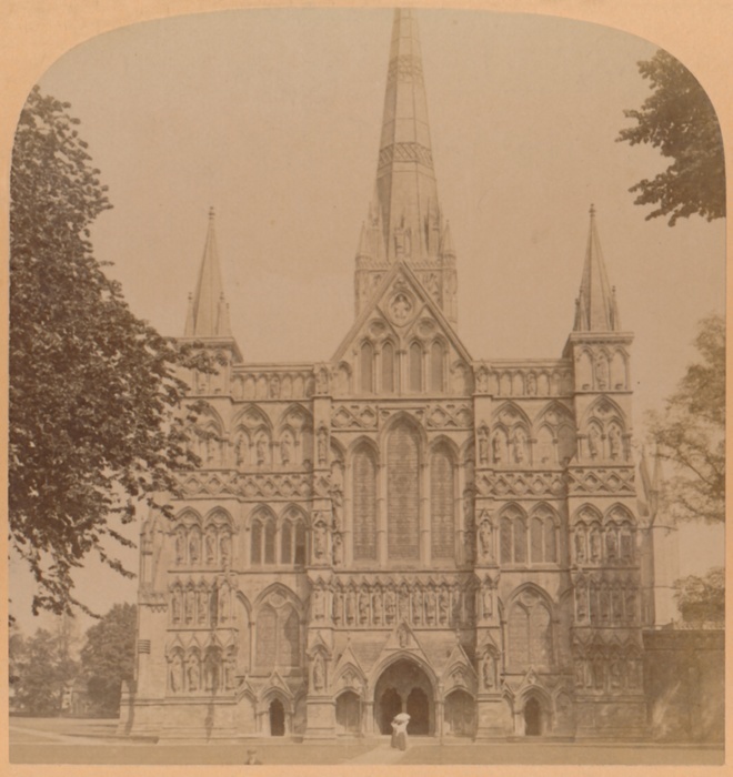  Northwest Fa  xe7 ade of the great Gothic Cathedral of Salisbury  founded 1220 , England , 1900. Creator: Underwood  amp  Underwood.  Northwest Fa  xe7 ade of the great Gothic Cathedral of Salisbury  founded 1220 , England , 1900. The majority of Salisbury Cathedral in Wiltshire was built between 1220 and 1266. At 404 feet in height, the spire, which was completed in 1320, is the tallest in Britain. Stereocard by Underwood  Underwood.