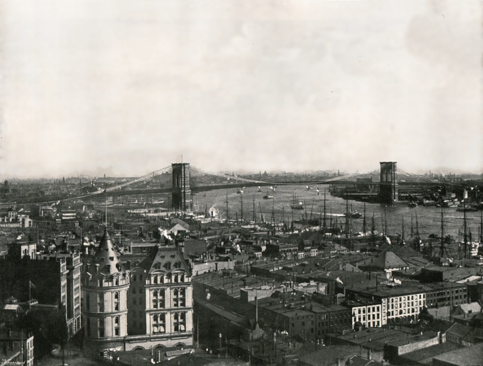 General view showing the Brooklyn Bridge, New York, USA, 1895.  Creator: Unknown. General view showing the Brooklyn Bridge, New York, USA, 1895. Cable stayed suspension bridge over the East River. Started in 1869, it is one of the oldest road bridges in the United States. From Round the World in Pictures and Photographs: From London Bridge to Charing Cross via Yokohama and Chicago.  George Newnes Ltd, London, 1895 
