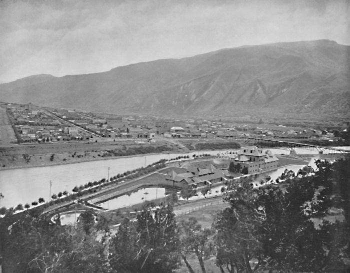  Glenwood Springs and Bath House, Colorado , c1897. Creator: Unknown.  Glenwood Springs and Bath House, Colorado , c1897. Glenwood Springs in the Rocky Mountains is a resort city and hot spring destination on the Colorado River, established in 1883 it was known as Defiance. From A Tour Through the New World America, by Prof. Geo. R. Cromwell.  C. N. Greig  Co., London, c1897 
