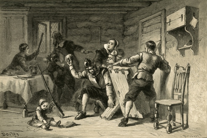  Puritans Barricading Their House Against Indians ,  1877 . Creator: Albert Bobbett.  Puritans Barricading Their House Against Indians ,  1877 . European settlers colonised the east coast of what is now the United States in the early 17th century. They fought with the local Native Americans whose land they had invaded. From Our Country: a Household History for All Readers, from the Discovery of America to the Present Time, Volume 1, by Benson J. Lossing.  Johnson  Miles, New York, 1877 