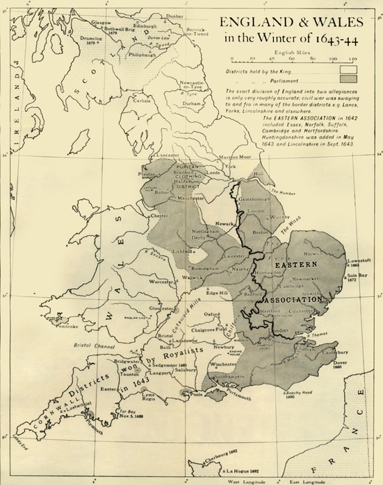  England  amp  Wales in the Winter of 1643 44 , 1926. Creators: Unknown, Emery Walker Ltd.  England  Wales in the Winter of 1643 44 , 1926. Map showing England and Wales during the Civil War period. The key shows districts held by the king  Charles I , and by parliament.  The exact division of England into two allegiances is only very roughly accurate  civil war was swaying to and fro in many of the border districts eg Lancashire, Yorkshire, Lincolnshire and elsewhere. The Eastern Association in 1642 included Essex, Norfolk, Suffolk, Cambridge and Hertfordshire. Huntingdonshire was added in May 1643 and Lincolnshire in September 1643.  From History of England, by George Macaulay Trevelyan.  Longmans, Green and Co. Ltd, London, 1926 