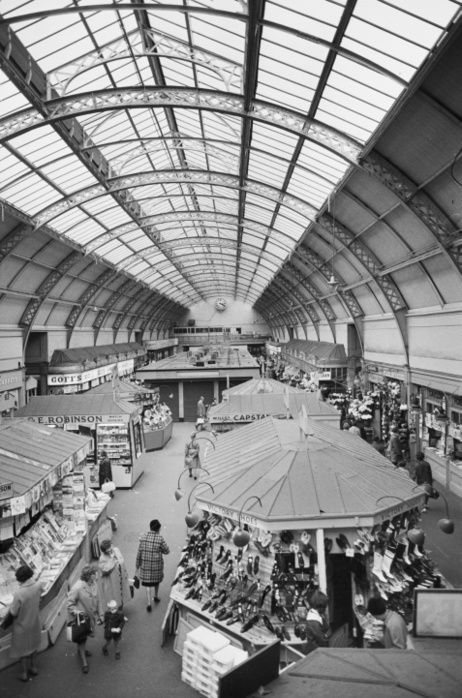 Grainger Market, Newcastle upon Tyne, c1955 c1980. Creator: Ursula Clark. Grainger Market, Newcastle upon Tyne, c1955 c1980. An interior view of Grainger Market, a covered market built in 1835, showing the west range, which has a cast iron roof with glass panels. The market was built in 1835 for Richard Grainger by John Dobson. The west range has a cast iron roof, with lattice work and glazed roof lights overhead, whist the other ranges are a grid with iron grilles over shops and a flat roof with plastered cross beams.