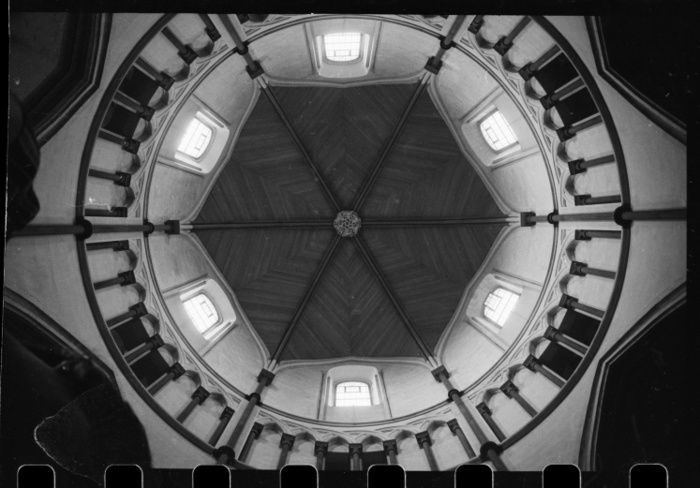Temple Church of St Mary, Inner Temple Lane, City of London, c1955 c1980. Creator: Ursula Clark. Temple Church of St Mary, Inner Temple Lane, City of London, c1955 c1980. Detailed view of the round nave roof in Temple Church. The image focuses on the domed nave roof, which is divided into six segments, each with a round headed window and arcade of six arches underneath. At the edges of the image are the tops of the arches that line the interior of the nave. The church was built by the Knights Templar between 1160 and 1185 and serves both Inner and Middle Temple. It was refurbished by Sir Christopher Wren, who added an organ to the church. Between 1947 and 1957 all of the Purbeck marble components were replaced and the interior of the church was refaced.