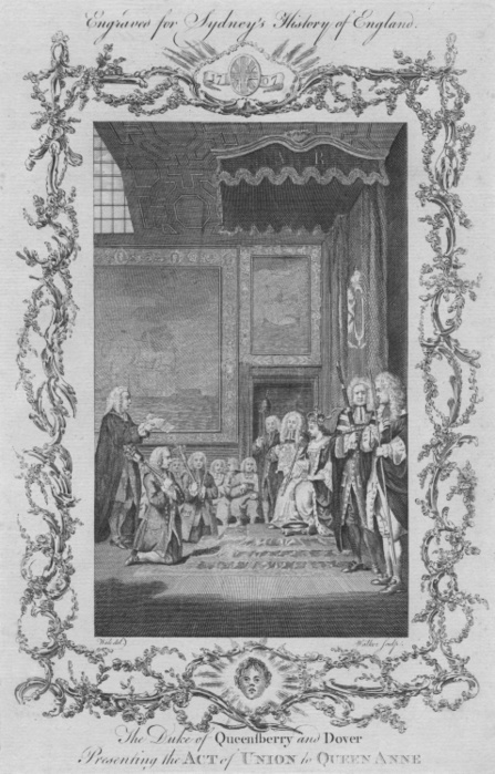 The Duke of Queensberry and Dover presenting the Act of Union to Queen Anne , 1773. Creator: William Walker. The Duke of Queensberry and Dover presenting the Act of Union to Queen Anne , 1773. James Douglas,  1662 1711   Scottish nobleman presenting the Acts of Union 1707 to Queen Anne. After Samuel Wale  1721 1786 . From A New and Complete History of England, From the Earliest Period of Authentic Intelligence to the Present Time, by Temple Sydney.  J. Cooke, London, 1773 