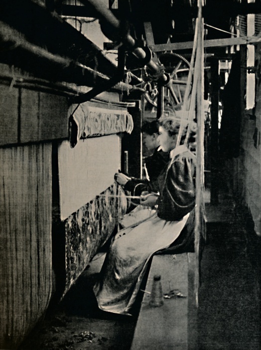  Hammersmith Carpet Weaving at Merton Abbey Works , . Creator: Unknown.  Hammersmith Carpet Weaving at Merton Abbey Works , late 19th century. Female weaver at a loom at Merton Abbey Mills in south London. The  Abbey buildings were renovated and adapted for textile printing at the beginning of the 19th century, and acquired by the artist and textile designer William Morris  1834 1896  in 1881. Morris had started to weave his first carpets at Kelmscott House, his home in Hammersmith. From Modern Art Monographs.