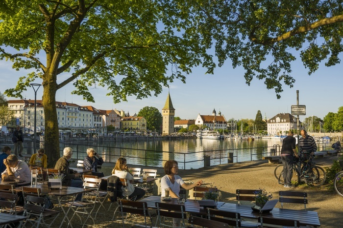 Germany Beer garden at the harbor, Lindau, Lake Constance, Bavaria, Germany, Europe, Photo by Daniel Schoenen