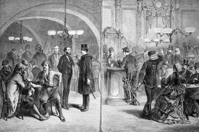 Viennese coffee house in Vienna, Austria, historical wood engraving, 1886, Europe, Photo by BAO