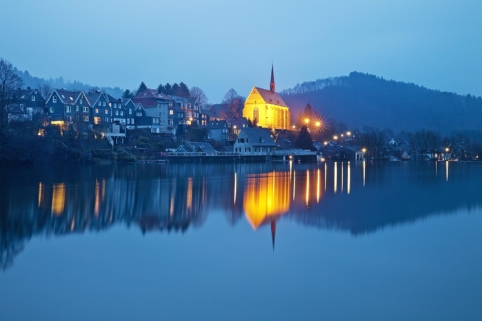 Germany Beyenburg reservoir with the illuminated church of St. Mary Magdalene in the evening, blue hour, Wuppertal, Bergisches Land, North Rhine Westphalia, Germany, Europe, Photo by Stefan Ziese