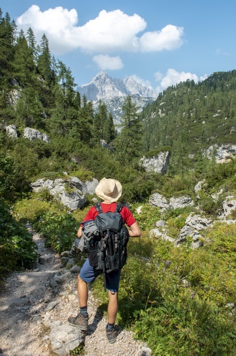 hiking Hiker on hiking trail to K rlingerhaus, behind Watzmann, K nigssee, National Park Berchtesgaden, Berchtesgadener Land, Upper Bavaria, Bavaria, Germany, Europe, Photo by Mara Brandl