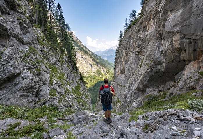 Germany Hiking Hikers on hiking trail to K rlingerhaus, Saugasse, K nigssee, National Park Berchtesgaden, Berchtesgadener Land, Upper Bavaria, Bavaria, Germany, Europe, Photo by Mara Brandl
