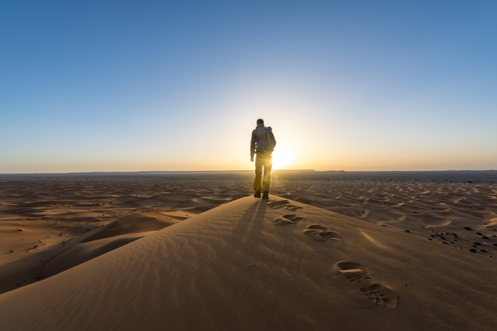 Young man standing on sand dune, sunrise, Erg Chebbi, Merzouga, Sahara, Morocco, Africa, Photo by Mara Brandl