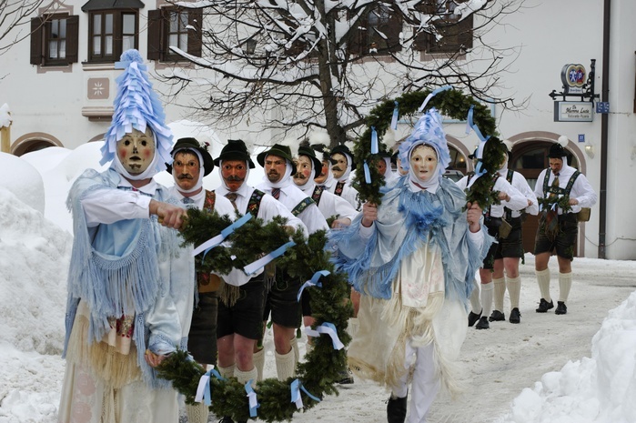 Men with bells, traditional carnival costumes, carnival parade, Maschkera, Mittenwald, Werdenfelser Land, Upper Bavaria, Germany, Europe, Photo by Dr. Wilfried Bahnmüller