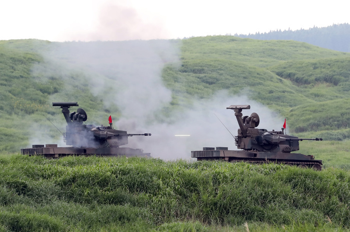 2,400 personnels and 80 armoured vehicles participated an annual military exercise August 22, 2019, Gotemba, Japan   Japan s Ground Self Defense Forces self propelled anti aircraft guns fire during an annual military exercise at the Higashi Fuji firing range in Gotemba at the foot of Mt. Fuji in Shizuoka prefecture on Thursday, August 22, 2019. The annual drill involves some 2,400 personnels and 80 tanks and armoured vehicles.    Photo by Yoshio Tsunoda AFLO 