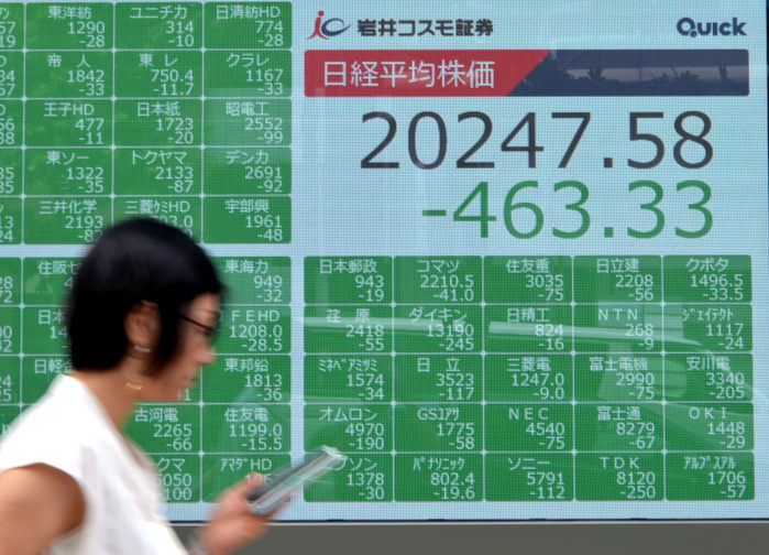 Nikkei 225 falls sharply, weighed down by intensifying U.S. China trade friction August 26, 2019, Tokyo, Japan   Japanese stocks plunge on Monday, August 26, 2019, over the concerns about the trade war between the United States and China. The 225 issue Nikkei Stock Average fell briefly 540 points from Friday s close.   Photo by Natsuki Sakai AFLO  AYF  mis 