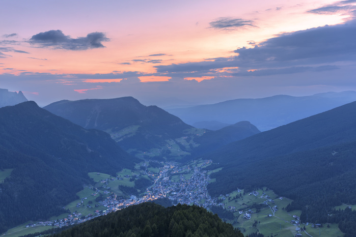 Italy Elevated view of Ortisei at dusk. Gardena Valley, South Tyrol, Dolomites, Italy, Europe. Photo by Francesco Bergamaschi