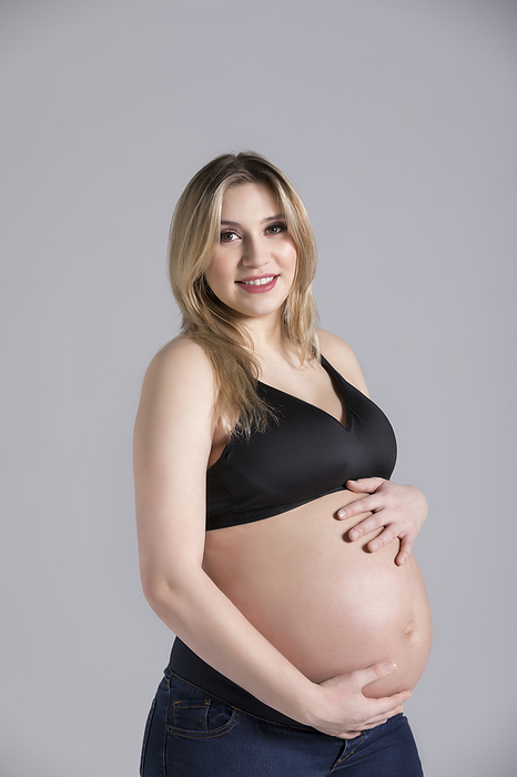 Pregnant women A young pregnant woman holding her belly in a studio and posing for the camera  Edmonton, Alberta, Canada