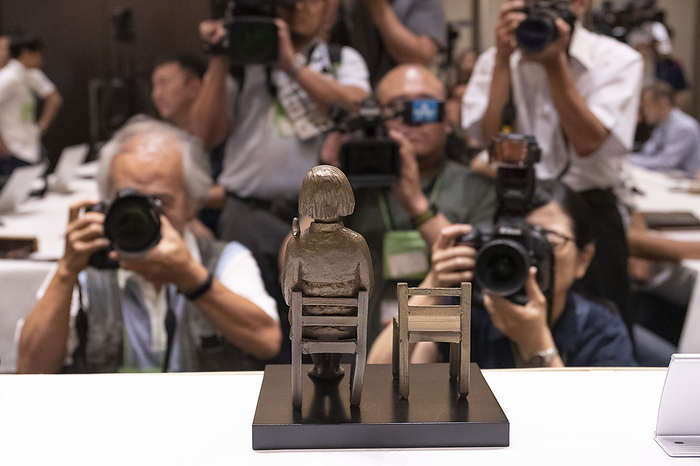 Daisuke Tsuda Director of pulled art exhibition in Nagoya speaks at FCCJ September 02, 2019, Tokyo, Japan   Photographers take pictures of a small replica of the   Statue of a Girl of Peace   on display after concluded the news conference of Daisuke Tsuda, Artistic Director of Aichi Triennale 2019 at The Foreign Correspondents  Club of Japan. The artistic director spoke about the   Statue of a Girl of Peace   which was removed from the exhibition section of the festival titled the  Non Freedom of Expression Exhibition at Aichi Triennale 2019  due public pressure. The statue symbolizes the   comfort women  , many of them Koreans, who were forced to work in Japanese military brothels during World War Two. After concluding his conference three organizers of the  Non Freedom of Expression Exhibition  expressed their point of view to the media.  Photo by Rodrigo Reyes Marin AFLO 