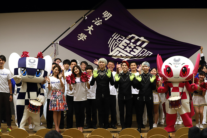 Tokyo 2020 Olympics and Paralympics committee introduce  Make The Beat   project September 6, 2019, Tokyo, Japan    L R  Tokyo 2020 Olympics mascot Miraitowa, Japanese violinist Mayu Kishima, model Honoka Tsuchiya, finger performance group XTRAP members and Tokyo 2020 Paralympics mascot Someity pose for photo as Tokyo 2020 organizing committee will launch a cheering and encourage project for athletes  Make The Beat   in Tokyo on Friday, September 6, 2019. .    Photo by Yoshio Tsunoda AFLO 
