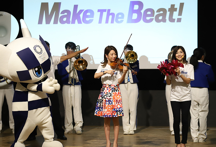 Tokyo 2020 Olympics and Paralympics committee introduce  Make The Beat   project September 6, 2019, Tokyo, Japan   Japanese violinist Mayu Kishima  C  plays violin while Tokyo 2020 Olympics mascot Miraitowa  L  and model Honoka Tsuchiya  R  clap their hands as Tokyo 2020 organizing committee will launch a cheering and encourage project for athletes  Make The Beat   in Tokyo on Friday, September 6, 2019. .    Photo by Yoshio Tsunoda AFLO 