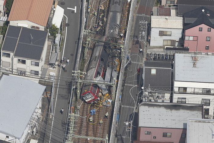 Railroad accident Train derailed after colliding with a truck near the crossing between Kanagawa Shinmachi and Nakakido Stations, Yokohama. A train derailed after colliding with a truck near the crossing between Kanagawa Shinmachi and Nakakido Stations in Yokohama, Japan, September 5, 2019. At 0:37 p.m., from the head office helicopter 