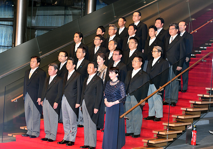 The fourth Abe cabinet reorganization is inaugurated Commemorative photo at the Prime Minister s Office September 11, 2019, Tokyo, Japan   Japan s Prime Minister Shinzo Abe poses with members of his reshuffled Cabinet for the media at the steps of the prime minister s office in Tokyo on Wednesday, September 11, 2019. Photo by Natsuki Sakai AFLO  AYF  mis 