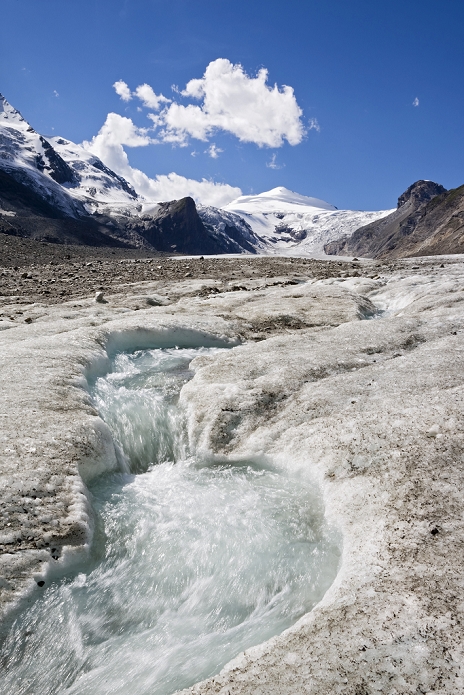 Subglacial stream, englacial streamon at the glacier Pasterze between the Grossglockner mountain group, Johannisberg, national park Hohe Tauern, Carinthia, Austria