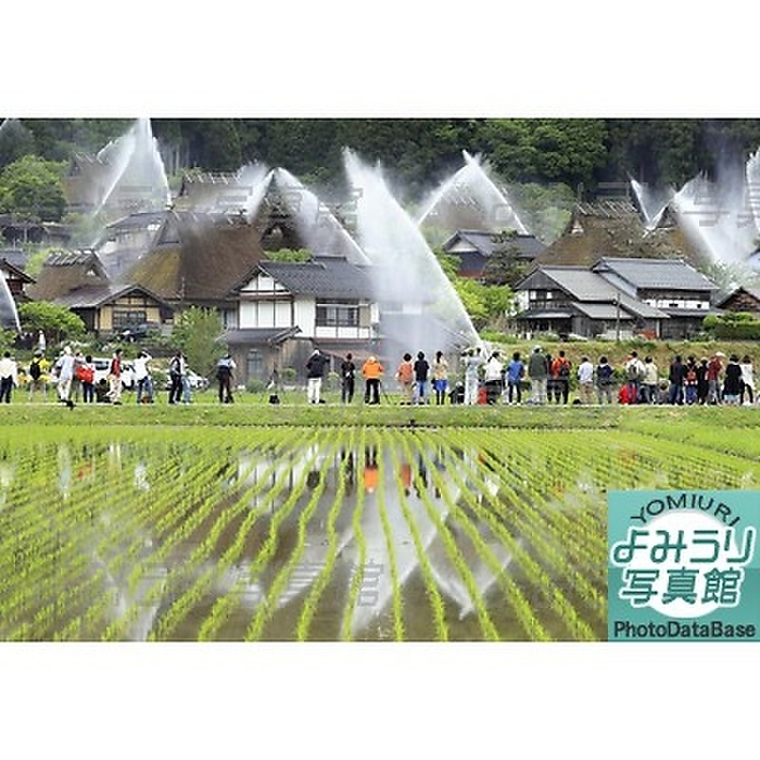 Water discharge drill held at Kayabuki no Sato, Miyama cho, Nantan City, Kyoto Prefecture. A water discharge drill was held on May 20 at  Kayabuki no Sato  in Miyama cho, Nantan City, Kyoto Prefecture, which is designated as a national Important Preservation District for Groups of Traditional Buildings, with white arches of water covering the roofs of 39 kayabuki buildings. Photo taken on May 20, 2019. 1 Osaka Morning Newspaper  Kayabuki Protecting Arch  appeared in Osaka Morning Newspaper  Picture in paper is  CMYK     .