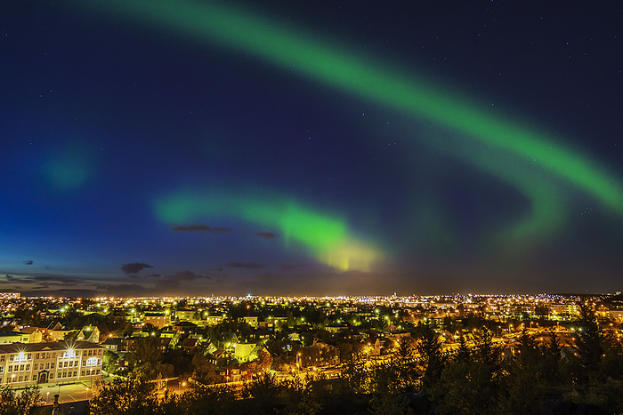 Reykjavik, Iceland Aurora Borealis or Northern Lights, Suburb of Reykjavik, Hafnarfjordur, Iceland
