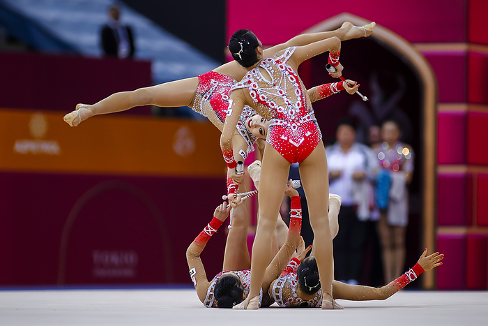 37th FIG Rhythmic gymnastics, Rhythmische Sportgymnastik, RSG World Championships  21.09.2019 National Group Japan  Rie Japan team performs with 3 hoops and 2 pairs of clubs during the 37th Rhythmic Gymnastics World Championships Group All Around Final at National Gymnastics Arena in Baku, Azerbaijan, September 21, 2019.  Photo by AFLO 