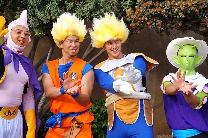 2019 MLB Dodgers Maeda Cosplay Dodger Maeda poses for the Kamehameha wave as Super Saiyan Son Goku from  Dragon Ball Z.  His colleague Urias  left  is Majin Boo, and Suburbs is Vegeta  second from right . Will Ayaton, an interpreter, is thought to be disguised as Piccolo  right   photo location  Petco Park