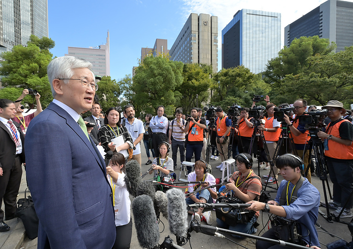 The 11th Japan Korea Exchange Festival 2019 in Tokyo September 28, 2019, Tokyo Japan   South Korean ambassador to Japan Nam Gwan pyo is being interviewed by the media during an event introducing South Korean culture to Japan and encouraging cultural exchanges between the two countries held at a park in the heart of Tokyo on Saturday, September 28, 2019.  Photo by Natsuki Sakai AFLO  AYF  mis 