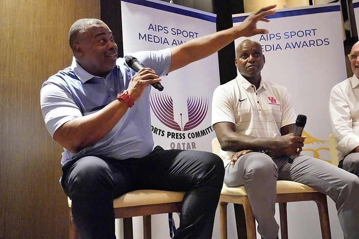 IAAF World Athletics Championships 2019 on September 30, 2019 i Former Olympic Champions Carl Lewis  R  and Leroy Burrell  USA  during the AIPS event IAAF World Athletics Championships 2019 at Khalifa International Stadium in Doha, Quatar, September 30, 2019.  Photo by AFLO 