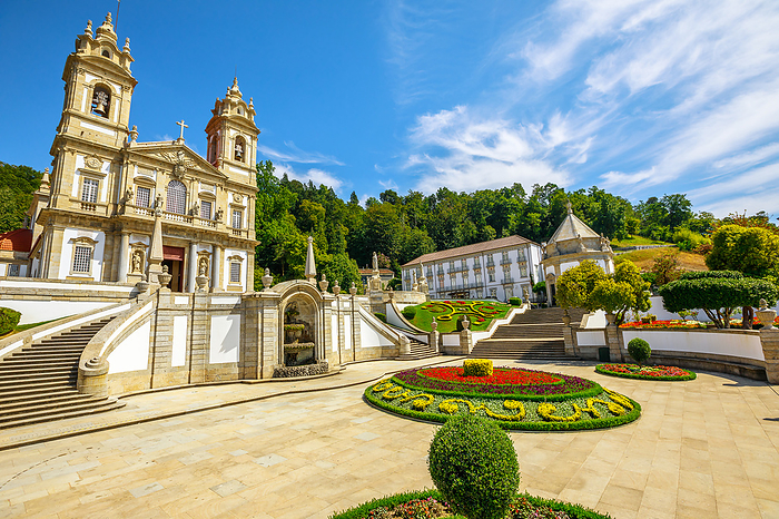 Historic Church of Bom Jesus do Monte and her public garden. Tenoes, Braga. The Basilica is a popular landmark and pilgrimage site in northern Portugal. Aerial landscape on the top of Braga mountain. Historic Church  Basilica  of Bom Jesus do Monte and public garden, Tenoes, Braga, Minho, Portugal, Europe, Photo by Alberto Mazza