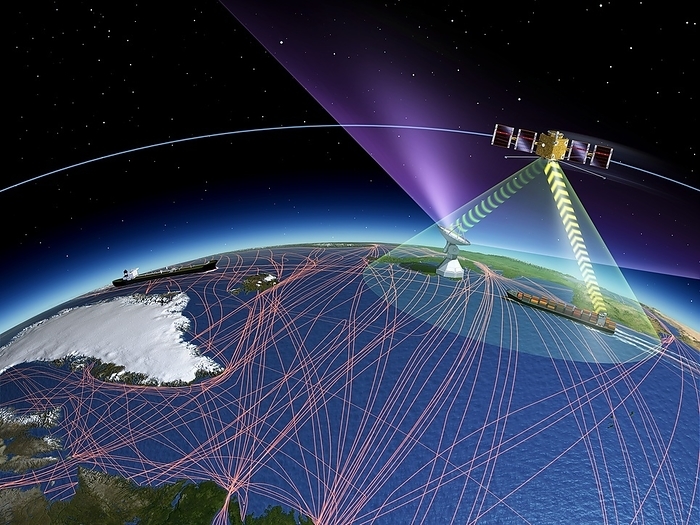 Global ship tracking system, illustration Global ship tracking system, illustration. The SAT AIS  satellite automatic identification  programme provides global ship tracking. Space agencies partnering with and using commercial off the shelf equipment and microsatellites, enables space based services to provide global tracking, reducing pollution, and promoting the monitoring of dangerous cargo. Image published in 2019.