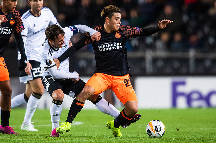 UEFA Europa League 191003 Mike Jensen of Rosenborg and Ritsu Doan of PSV Eindhoven during the Europa League group stage match between Rosenborg and PSV Eindhoven on October 3 , 2019 in Trondheim. Photo: Marius Simensen   BILDBYR N   Cop 238