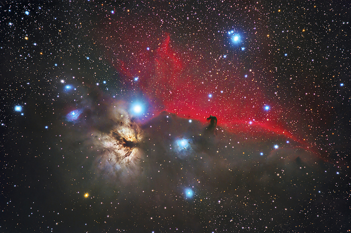 The Horse Head and Flame Nebulae in Orion, optical image The Horse Head and Flame Nebulae in Orion, optical image. The Horsehead Nebula s distinctive shape  centre right  is caused by dark nebula Barnard 33  B 33 . This cloud of dust and gas obscures the light from the emission nebula IC 434 that lies behind. The gas of this nebula glows as it is ionised by the radiation from hot stars. The Flame Nebula  NGC 2024, lower left  is also an emission nebula bisected by a dark dust cloud. The bright star above NGC 2024 is Alnitak  Zeta Orionis , one of the three stars in Orion s belt. The nebulae lie around 1500 light years away in the constellation of Orion. Photographed in 2019 from the Cumeada Observatory in the Dark Sky Alqueva Reserve, Portugal.