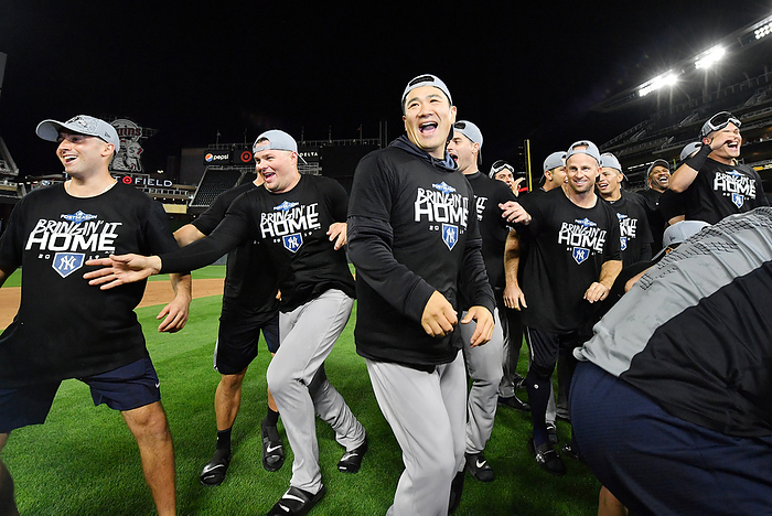 New York Yankees won the ALDS New York Yankees picther Masahiro Tanaka celebrates with his teammates after winning the Major League Baseball American League Division Series Game 3 against the Minnesota Twins at Target Field on October 7, 2019, in Minneapolis, United States.  Photo by AFLO 