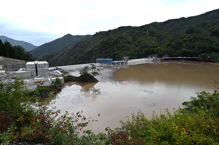 Typhoon No. 19 damages eastern Japan  Yamba Dam almost full of water October 14, 2019, Naganohara, Japan   Recent typhoon Hagibis has dumped massive amount of water almost to its capacity at Yanba Dam in Naganohara, Gunma Prefecture, some 135 kilometers northwest of Tokyo, on Monday, October 14, 2019. The dam, completed in 2019, has just began test filling of water in October in preparation for the full operation slated for August 2020.  Photo by Natsuki Sakai AFLO  AYF  mis 