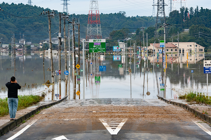 Typhoon Higibis aftermath in Japan Area around Mito Kita Smart Interchange of Jorban Expressway is flooded by the overflow from the Naka River due to Typhoon Hagibis in Mito, Ibaraki Prefecture, Japan, on October 15, 2019.  Photo by Motoo Naka AFLO 
