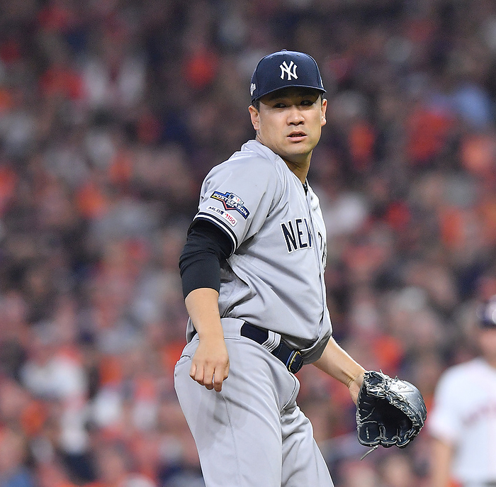 Masahiro Tanaka  Yankees  ALCS New York Yankees starting pitcher Masahiro Tanaka reatcs against the Houston Astros during the Major League Baseball American League Championship Series Game One at Minute Maid Park in Houston, Texas, United States on October 12, 2019.  Photo by AFLO 