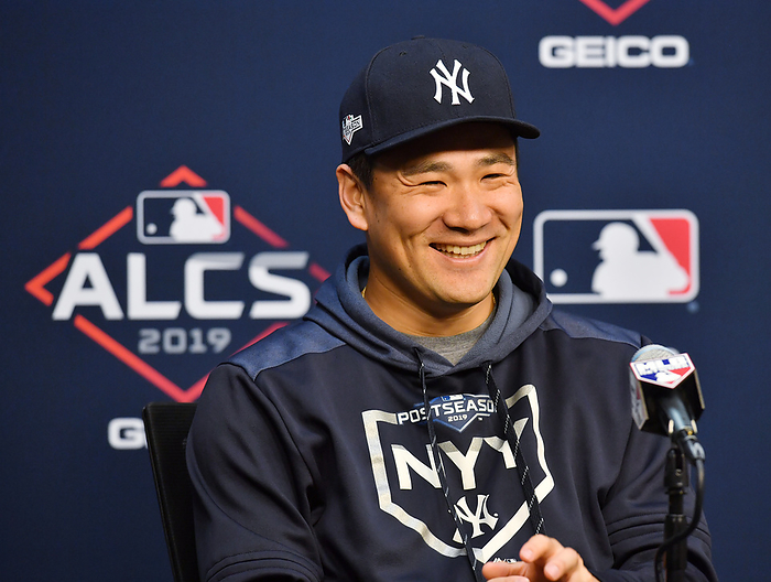 Masahiro Tanaka  Yankees  ALCS New York Yankees starting pitcher Masahiro Tanaka attends a press conference after winning the Major League Baseball American League Championship Series Game One against the Houston Astros at Minute Maid Park in Houston, Texas, United States on October 12, 2019. smiles during his post game press conference.