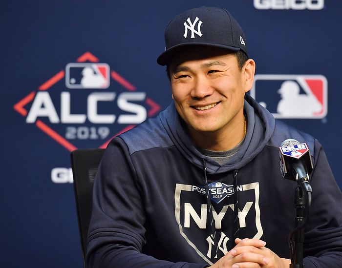 Masahiro Tanaka  Yankees  ALCS New York Yankees starting pitcher Masahiro Tanaka attends a press conference after winning the Major League Baseball American League Championship Series Game One against the Houston Astros at Minute Maid Park in Houston, Texas, United States on October 12, 2019. smiles during his post game press conference.
