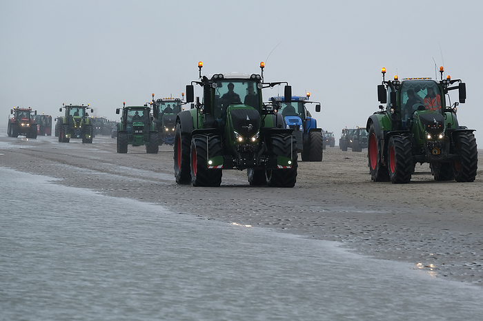 Farmers protest in Netherlands Farmers drive their tractors on the beach as they head towards The Hague during their protest against the Dutch government s policy on nitrogen emission, on October 16, 2019, in Katwijk, Netherlands.  Photo by Yuriko Nakao AFLO   
