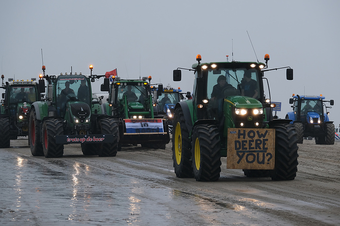 Dutch farmers march with tractors to protest government policies Farmers drive their tractors on the beach as they head towards The Hague during their protest against the Dutch government s policy on nitrogen emission, on October 16, 2019, in Katwijk, Netherlands.  Photo by Yuriko Nakao AFLO   