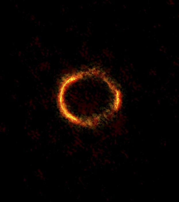 Galactic gravitational lensing, ALMA image Galactic gravitational lensing, Atacama Large Millimeter Array  ALMA  image. The orange ring is millimetre wavelength light from the galaxy SDP.81  12 billion light years distant , gravitationally lensed around a closer galaxy  not seen, 4 billion light years distant . The millimetre wavelength light is emitted by dust  bright orange ring  and carbon monoxide  CO, fainter orange areas  in the distant galaxy. This galaxy is in the constellation of Hydra. The observations were made in 2014.