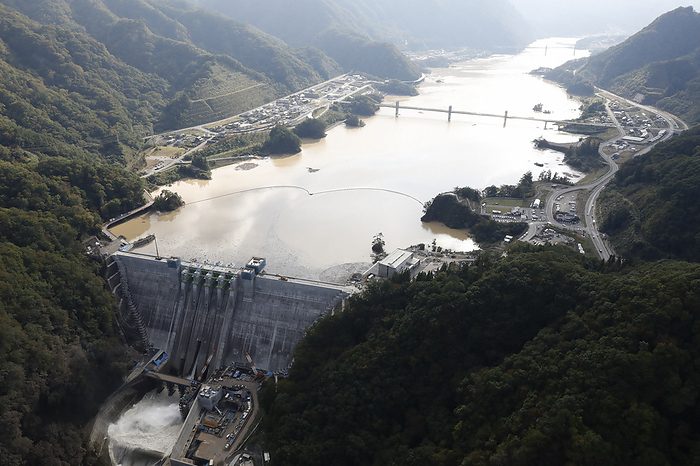Typhoon No. 19 damages various parts of eastern Japan. Yatsuba Dam in Naganohara Town, Gunma Prefecture. Yatsuba Dam in Naganohara cho, Gunma Prefecture, Japan, at 2:29 p.m. on October 17, 2019, from the head office helicopter.