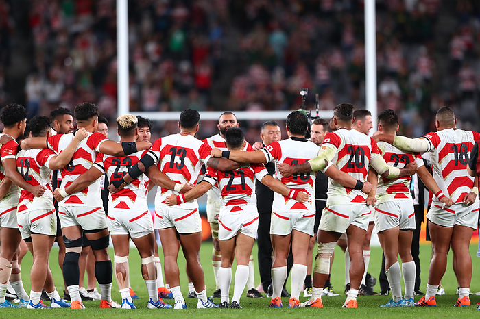 2019 Rugby World Cup Quarterfinals Japan Loses to South Africa Post match circle Japan national team   Japan team group  JPN ,. OCTOBER 20, 2019   Rugby : 2019 Rugby World Cup Quarter final match between Japan 3 26 South Africa at Tokyo Stadium in Tokyo, Japan. Photo by Yohei Osada AFLO SPORT 