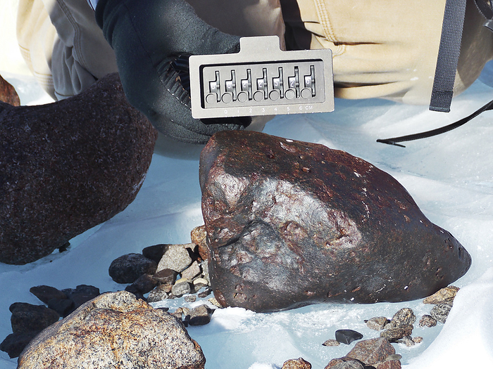Meteorite found in Antarctica Large meteorite found during the Antarctic Search for Meteorites program. The meteorite was photographed in the field. The numbers shown are used for tracking and inventory purposes.
