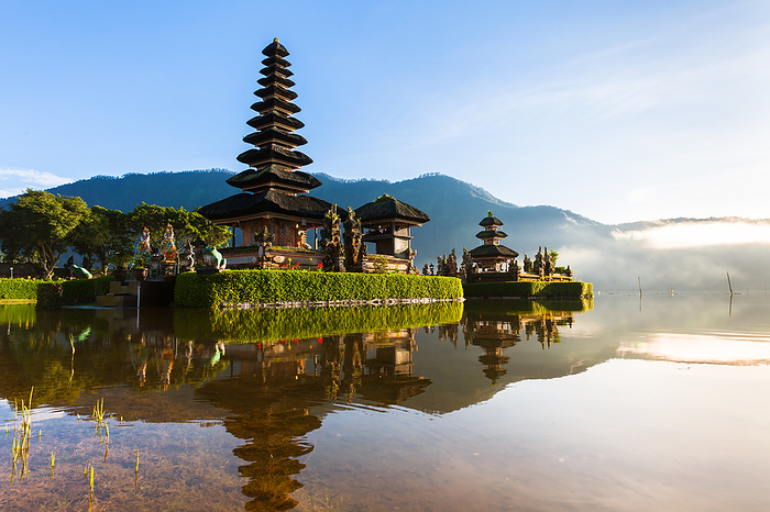 Indonesia Pura Ulun Danu Bratan at sunrise, famous temple on the lake, Bedugul, Bali, Indonesia.